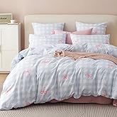 Erwinmu Girls Comforter Set Full Size,3 Pieces Pink Bow Ties on Gingham Comforter Bedding Sets Reversible Pattern Back to School for Girls Kids,Cozy Microfiber Comforter and 2 Pillowcases