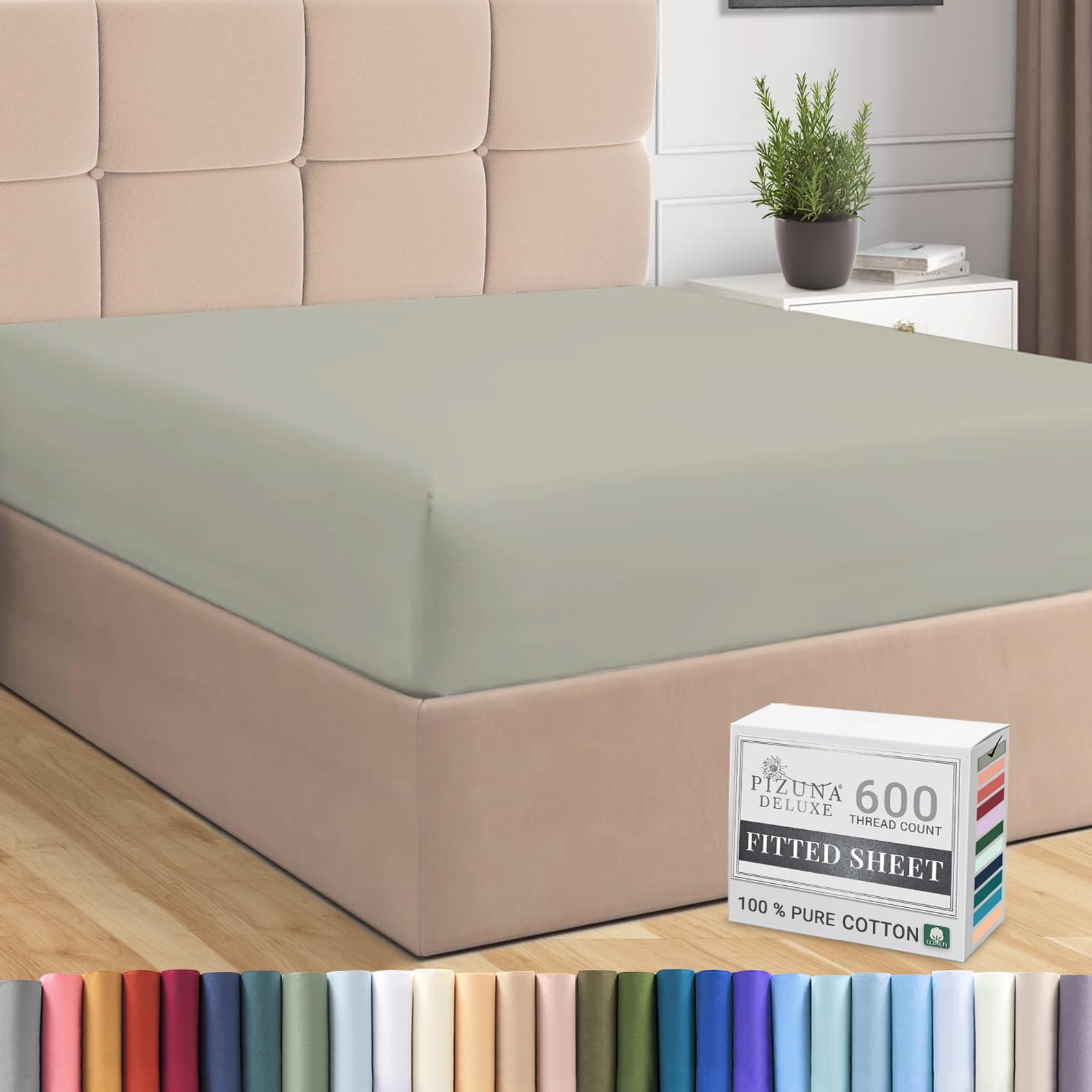 Pizuna Pure Combed Cotton King Size Fitted Sheets Silver, 600 Thread Count 100% Long Staple Cotton Fitted Sheet 150x200 cm, Sateen Weave King Size Fitted Sheets Deep Fit 40 cm 1 PC Silver