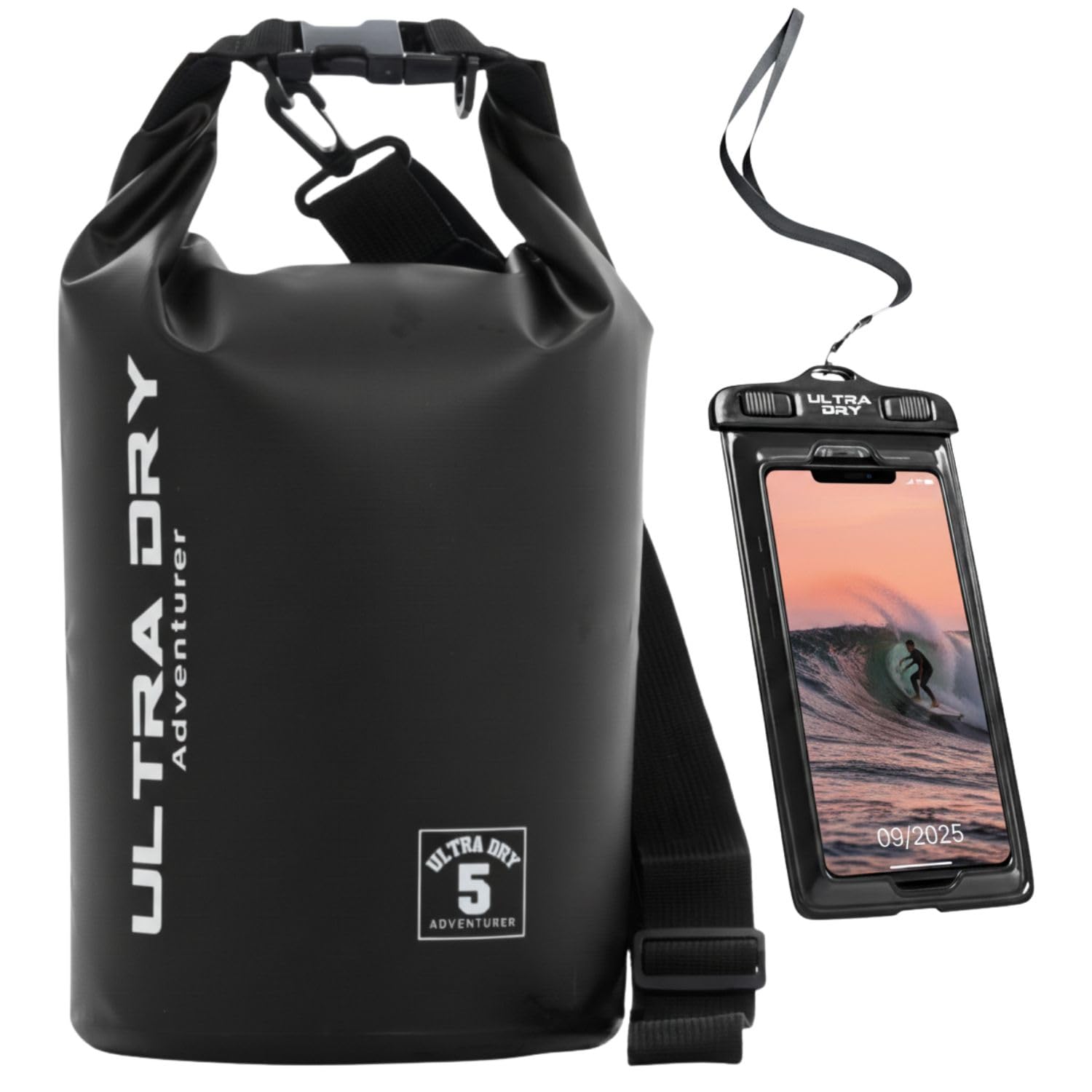 Premium Waterproof Bag, Sack with Phone Dry Bag and Long Adjustable Shoulder Strap Included, Perfect for Kayaking/Boating/Canoeing/Fishing/Rafting/Swimming/Camping/Snowboarding (Black, 5 L)