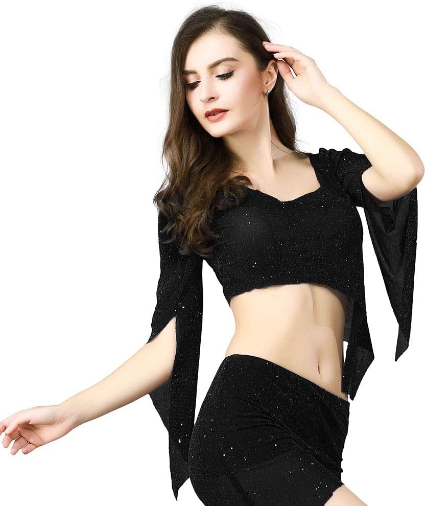 ROYAL SMEELA Sexy Belly Dance Top For Women Belly Dance Costume Half Sleeve Short Tops Dance Yoga Practice Outfit Purple Black Brief Soft Dancing Top Upper