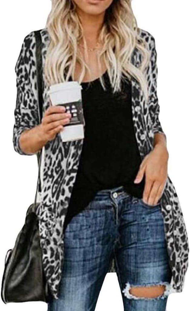 Momola Womens Leopard Print Cardigan Long Sleeve Coat Ladies Fashion Cotton Plus Size T-Shirt Tops Blouse Tank UK Size 8 10 12 14 16 18