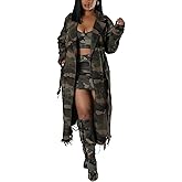 Vakkest Women's Camo Long Trench Coat Long Sleeve Classic Lapel Button Distressed Army Fatigue Jacket Overcoat with Belt