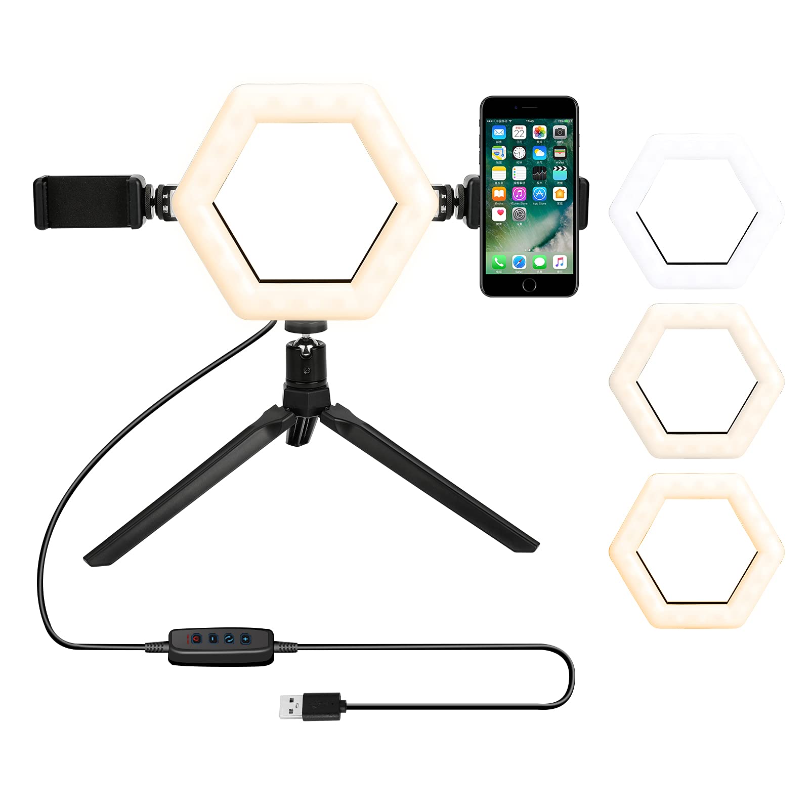 Upkey Ring light, 6" Ring Light,Hexagon 6x7 Fill Light with Extendable Tripod Stand for Camera, Video, Makeup, Selfie Photography