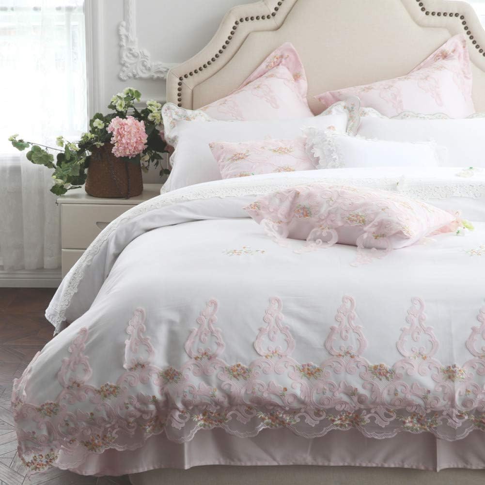 HIUGHJ Quilt cover 60S Egyptian cotton White Princess Girl Bedding set Pink Lace Duvet Cover Bed Sheet/Linen Pillowcases Queen King Free shipping200 x 230cm(79 x 91inches) 220 x 240cm(87 x 95