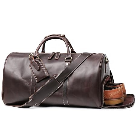 LeatherFocus Leather Travel Luggage Bag With Side Pocket, Mens Duffle Retro Carry on Handbag (Dark Brown)