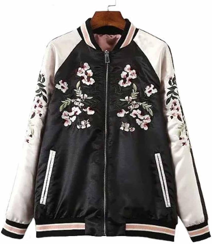 Viport Women's Floral Phoenix Embroidered Reversible Bomber Jacket Black Red