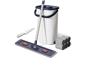 ZJSYJJ Mop and Bucket Set with Wringer for Home, 360° Flat Squeeze Mop with Long Handle and 6 Microfiber Cloths for Floor Cleaning (White+Blue, Square Bucket and 15.7'' Mop Head)