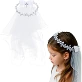 Funtery Girl First Communion Veil Crown Elegant Flower Crystal | Girl Baptism Headband, White Bow Veil, Lace Floral Rhinestone Headband, for Baptism Catholic, Wedding Ceremony