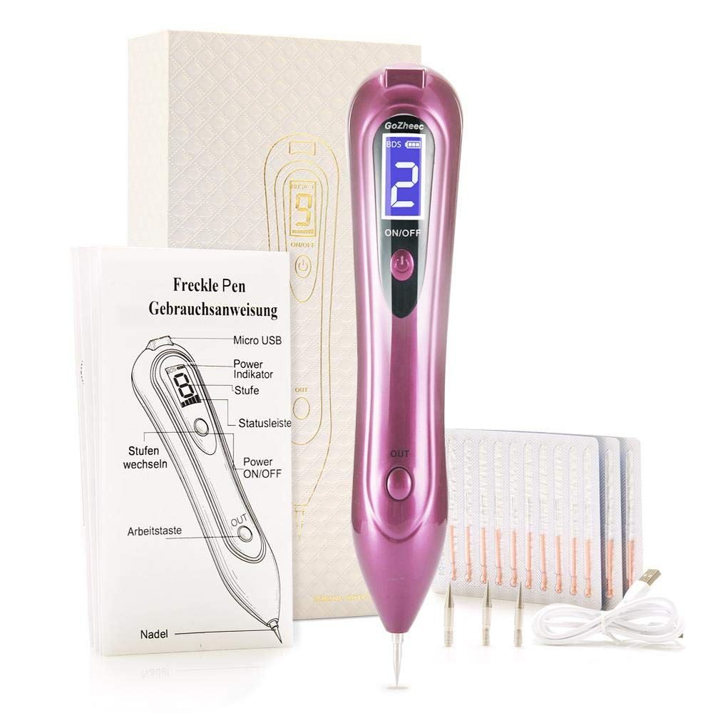 Mole Removal Pen，GoZheec Protable Home & Professional 9 Strength Levels Beauty Pen for Body Facial Freckle Nevus Warts Age Spot Tattoo Remover-Rose Pink and Metallic Red (RosePink)