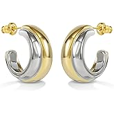 PICKBEAU Two Tone Hoop Earrings for Women,Trendy Sterling Silver Gold C Shaped Hoop Earrings for Girls Classic Lightweight Hoops Earrings