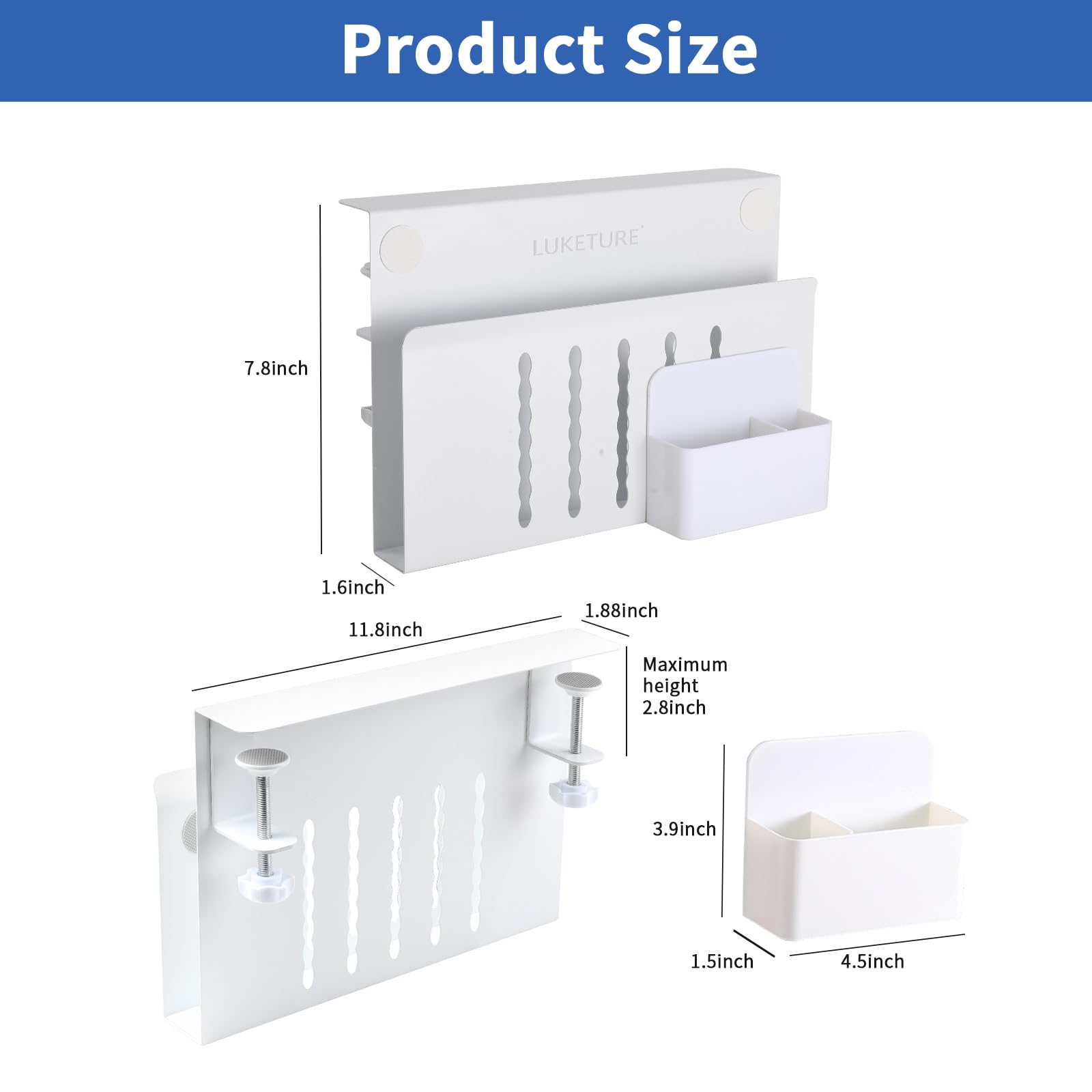 LUKETURE Desk Side Storage, Steel Side Desk Organizer, No Drill Laptop Holder, Clamp on Laptop Mount with Pen Holder, Table Hanging Storage for Home Office, Fits Flat Edge Tables 0.3