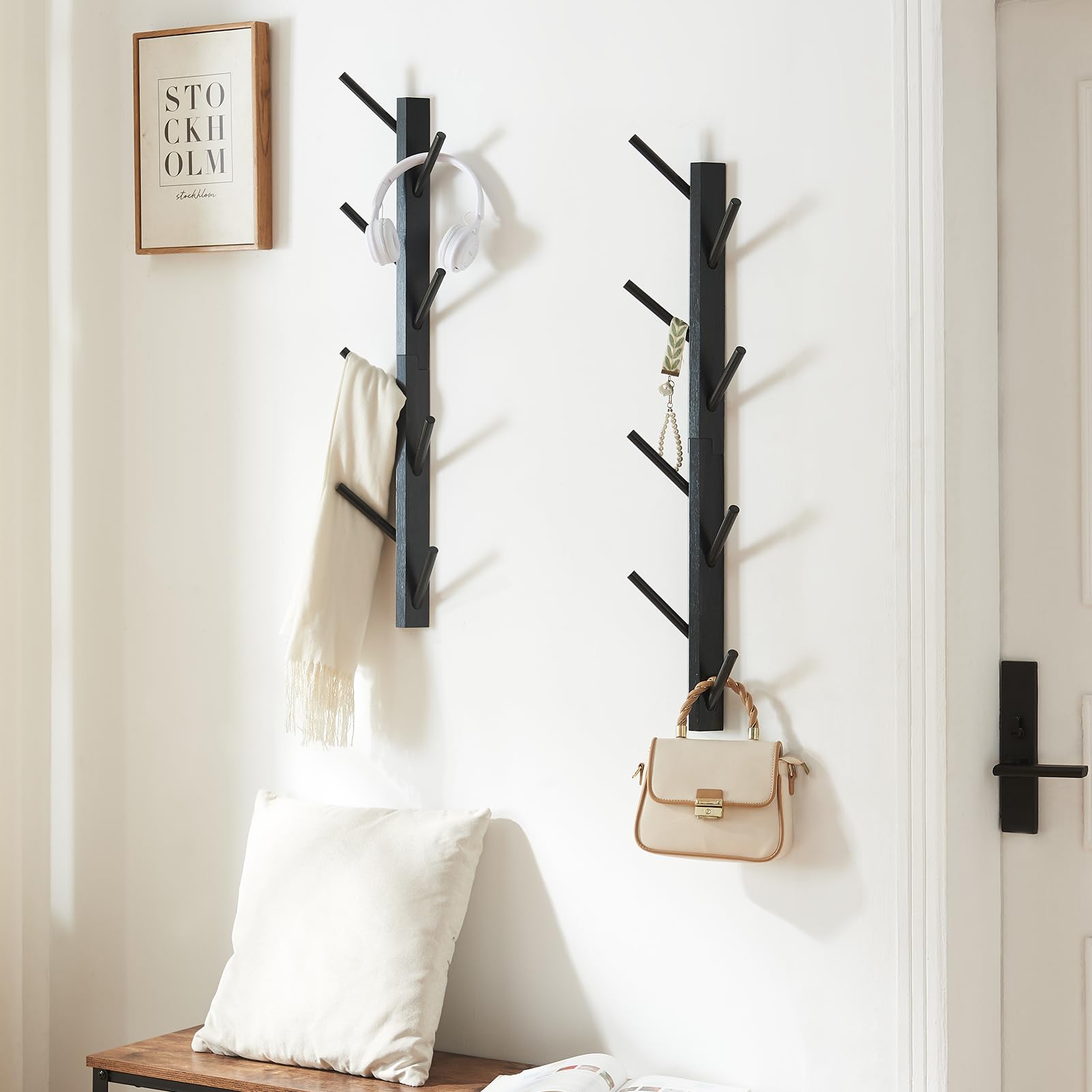 Photo 1 of TIOPGHAD 2 Pack Coat Rack Vertical Wall Mount, Bamboo Coats Hooks Clothes Holder Hanger for Wall Coat Hat Jacket Clothing Bathroom Robes Mudroom Entryway(Black)