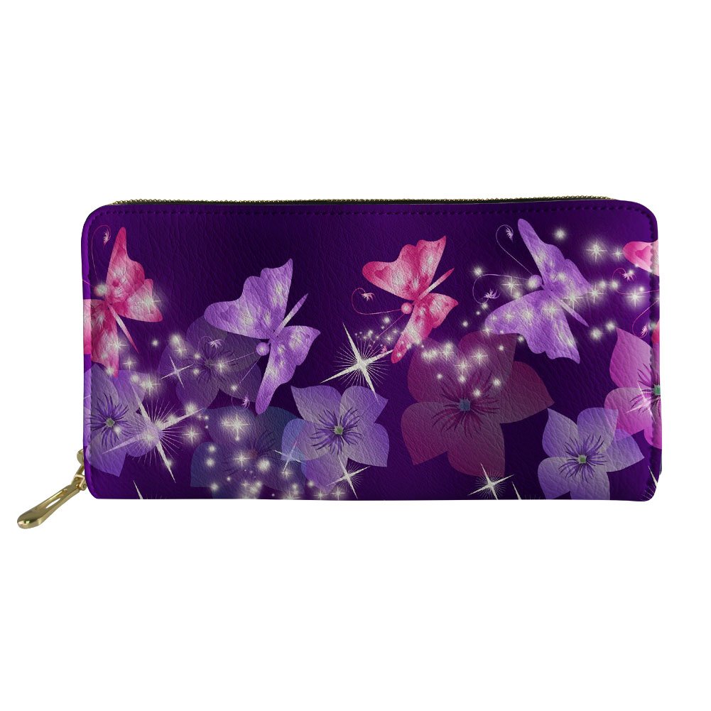 HUGS IDEA Floral Butterfly Women Wallet Travel Purple Clutch Bag Credit Card Long Storage Purse