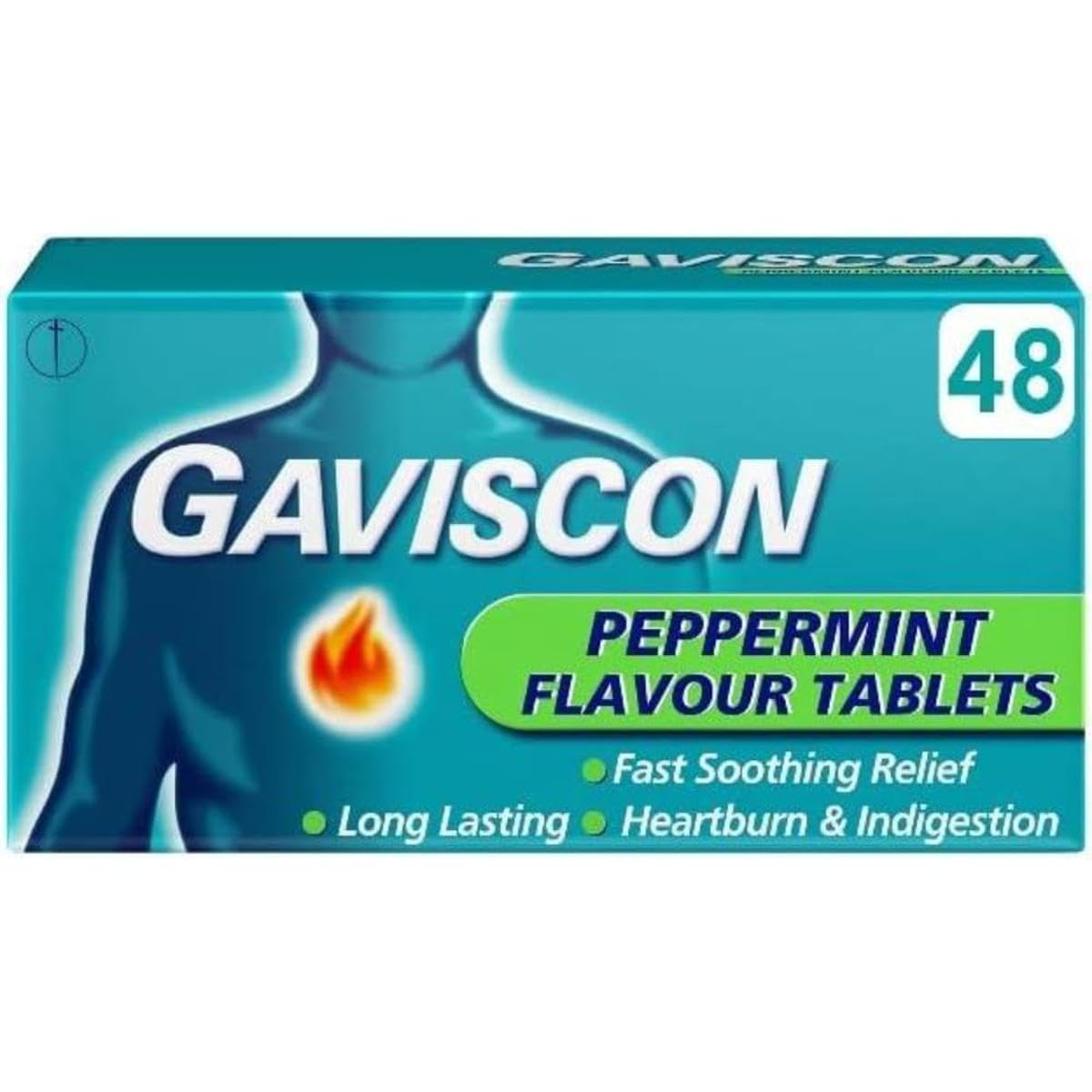 Gaviscon Peppermint Heartburn & Indigestion Relief, 48 Tablets - Fast-Acting, Soothing Formula for Digestive Comfort, Chewable, Long-Lasting, Trusted Brand, Packaging may vary