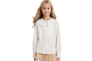 BARRY BANNY Girls White Dress Shirt Button-Down Blouse Kids School Uniform Elegant Lace Decorated with Large Lapel size6-16years