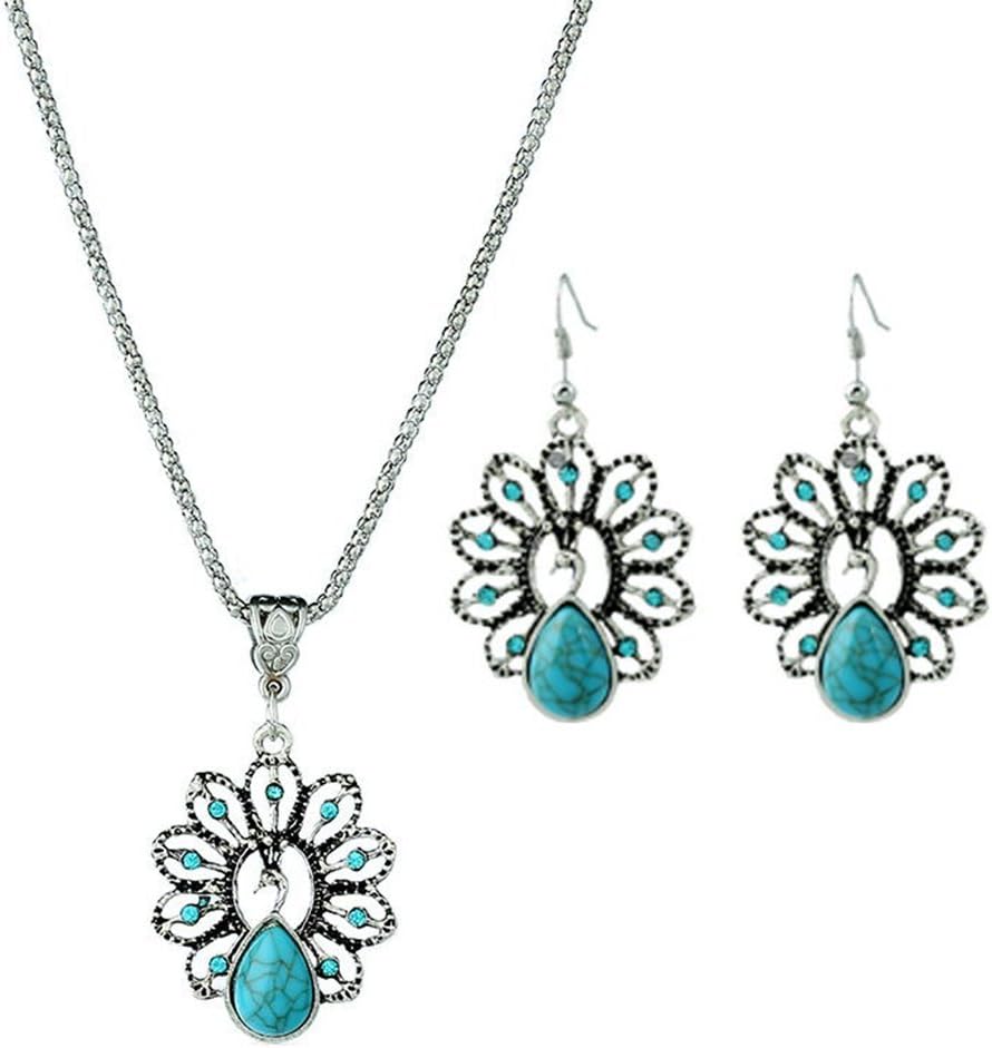 Monbedos Women Necklace Earrings Set Vintage Turquoise Peacock Pendant Necklace and Earrings for Banquet Party Fashion