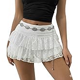 Women's Y2k Layered Lace Black Mini Skirt Ruched A Line Cute Tiered Ruffle Skirt Micro Skirt with Waist Chain