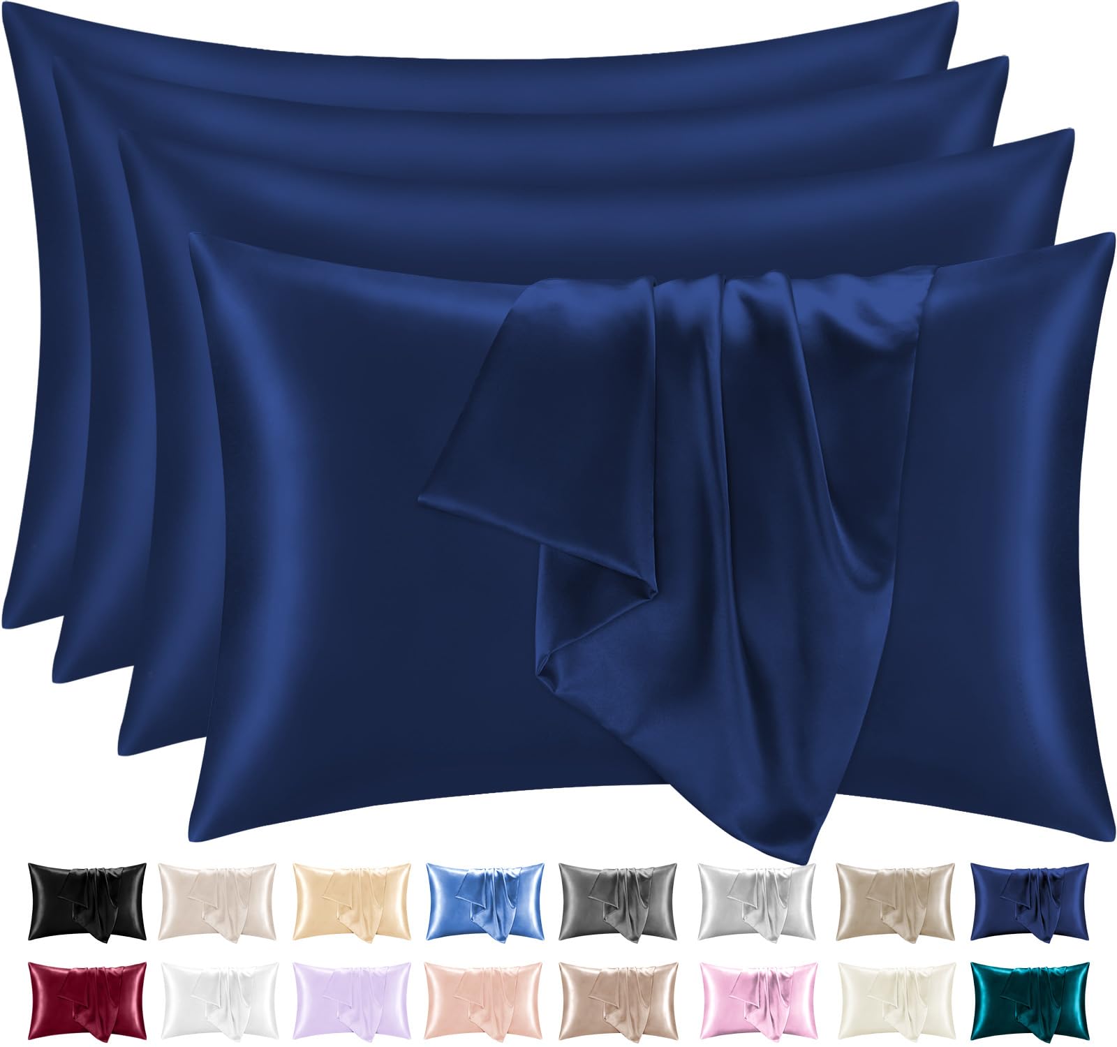 Lazzaro Satin Silk Pillowcases for Hair and Skin - Hypoallergenic Silk Pillow Cases 4 Pack with Envelope Closure - Ultrasoft Standard Size Navy Silk Pillowcases (50 x 75 cm)