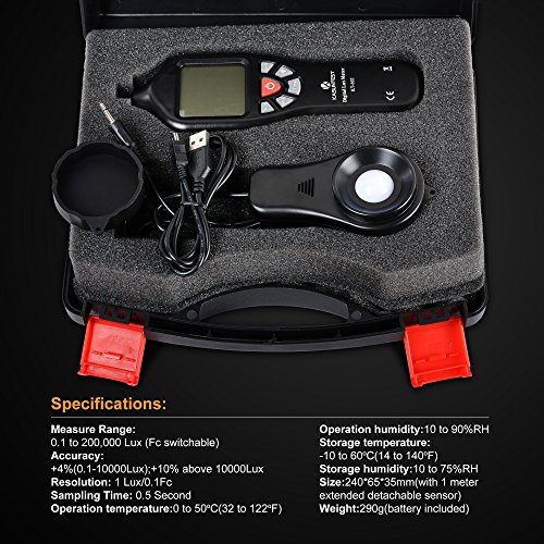 KASUNTEST Digital Lux Meter Photometer-Auto Ranging Light Meter 0.1 to 200000 Lux w/Max Min Avg,Hold,Backlight,Time and Units Function