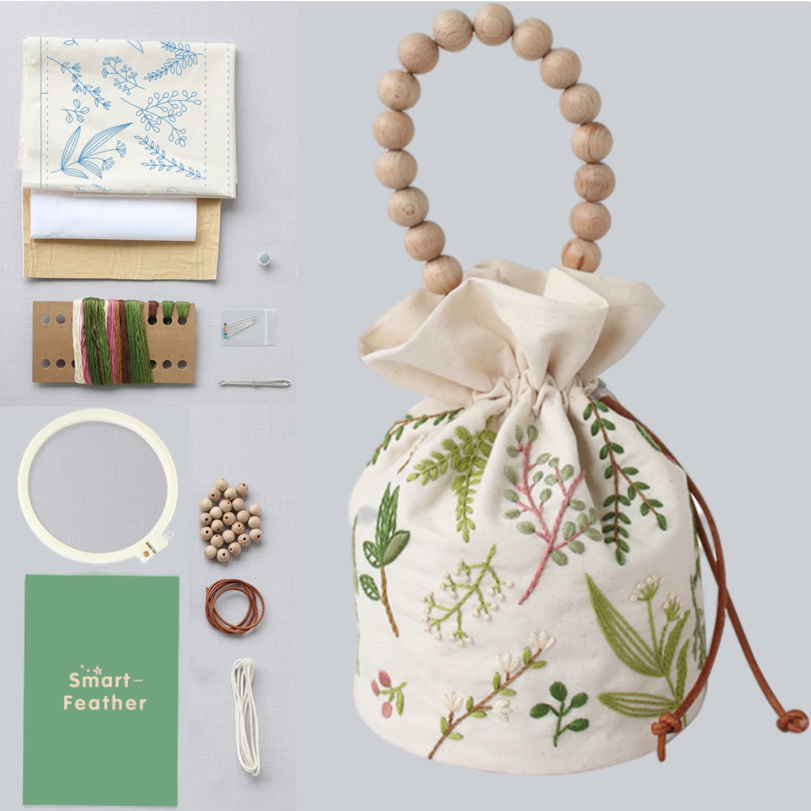 Smart-Feather Embroidery Drawstring Bag Kit for Beginners with Patterns, DIY Hand Embroidery Kits for Adults, Embroidery Start Kit with Bamboo Hoop (A)