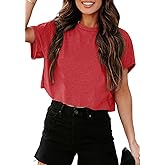Tankaneo Women Short Sleeve Cropped T-Shirts Crew Neck Loose Crop Tops Summer Casual Drop Shoulder Basic Tees