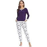WiWi Viscose from Bamboo Women's Pajama Set Crew Neck Soft Long-Sleeve Top + Yoga Pants Sets with Pocket S-XXL