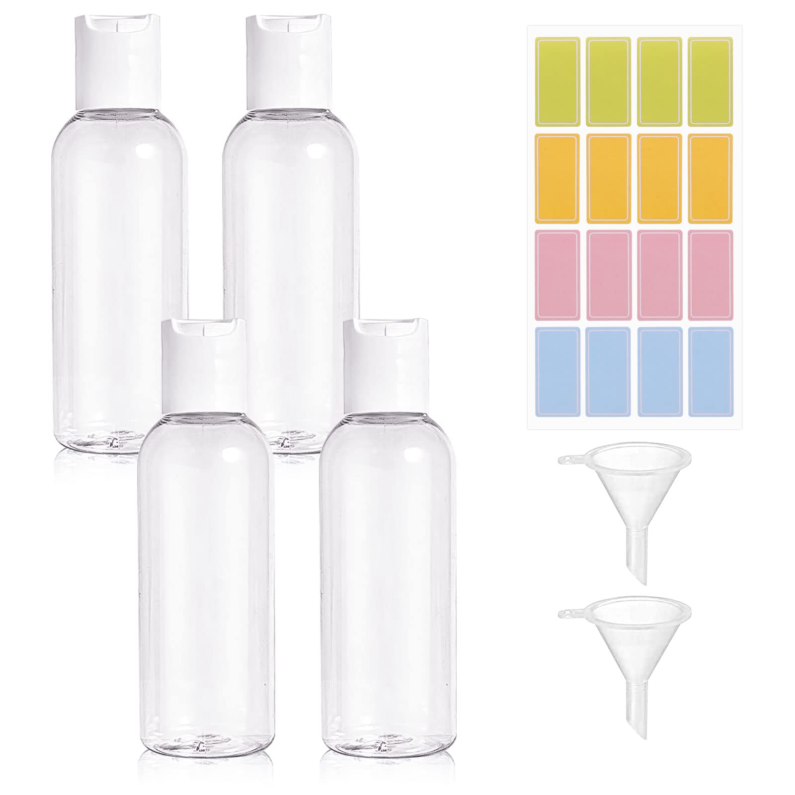 Ailvor 100ml Travel Bottles, Bottles for Toiletries Empty Refillable, 4pcs Clear Container with 2 Funnels and Colorful Labels, Plastic Shampoo Lotions Cosmetics, (A-RYP-7)