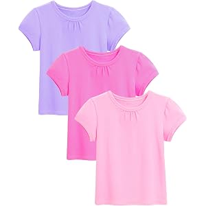 NUMYEAN 3 Pack Girls Short Sleeve T-Shirts Pleated Neck Summer Tops