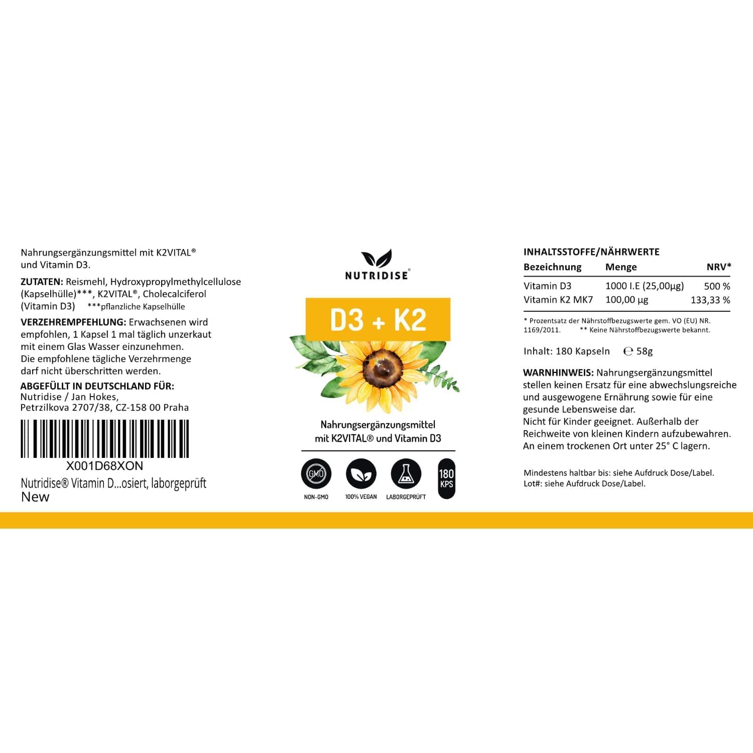 Nutridise Vitamin D3 + K2 Kapseln – 1000 IE D3 + 100 µg K2VITAL MK7 99,99% Trans-Form – optimales D3 / K2 Verhältnis - hochdosiert, laborgeprüft - 180 Kapseln 5