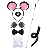Yunlly 5 Pcs Mouse Costume Accessories Set Folding Blind Cane Pink Mouse Headband Nose White Gloves Round Glasses Halloween