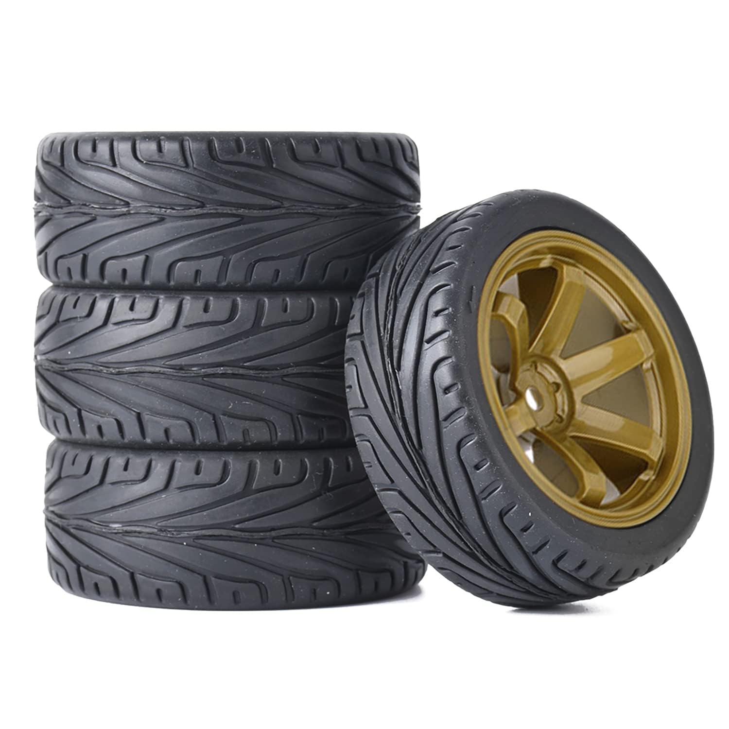 KINGCOO 4PCS 1:10 RC Car Tyre 65mm Rubber Tires and Plastic Wheel Rims for 1/10 On-Road Racing Touring Drift Car Spare Parts for HSP Tamiya HPI Kyosho (Gold)