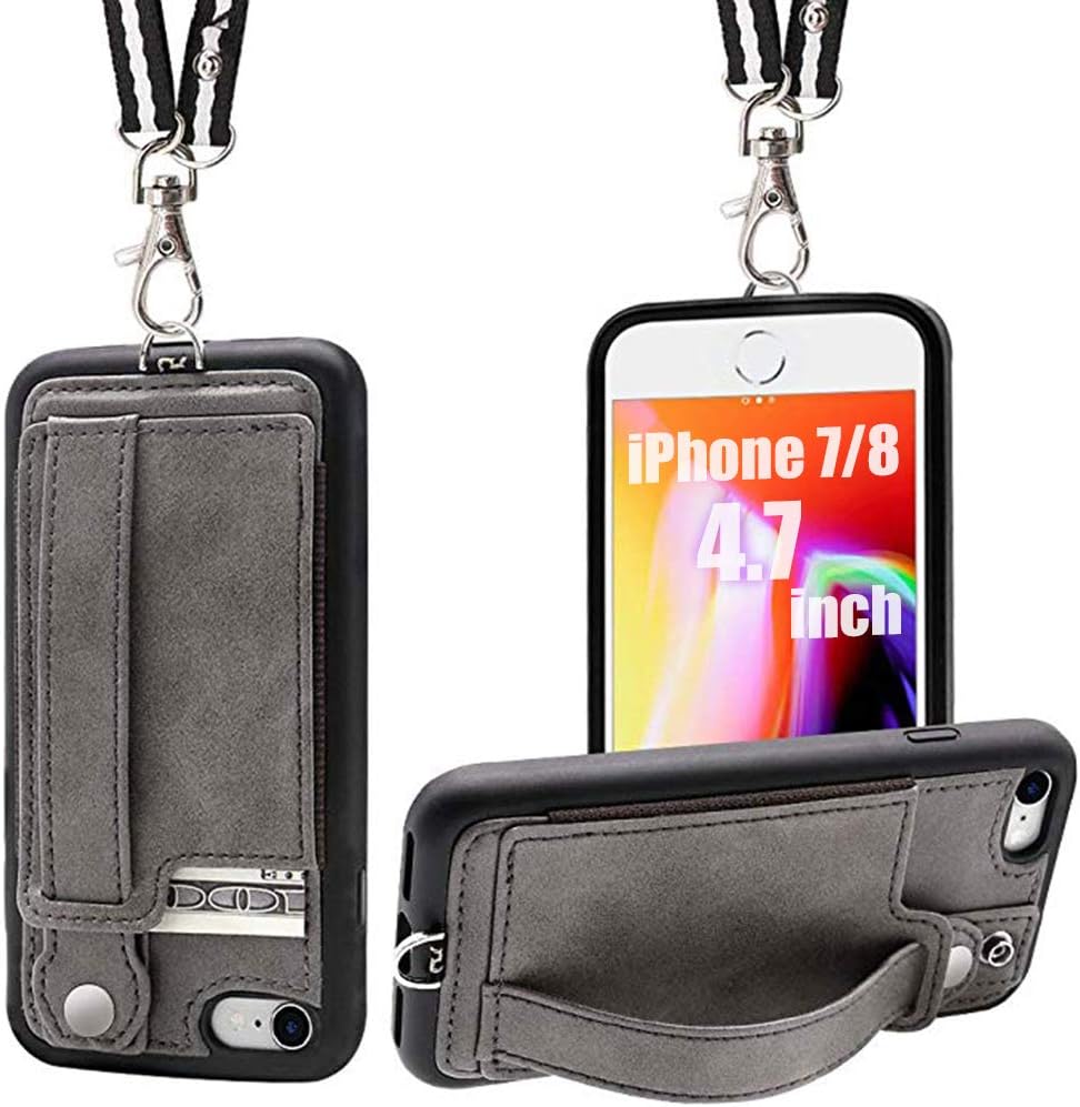 TOOVREN iPhone SE 2020 Case iPhone 7/8 Case, Card Holder Wallet Cover with Neck Lanyard Non Slip