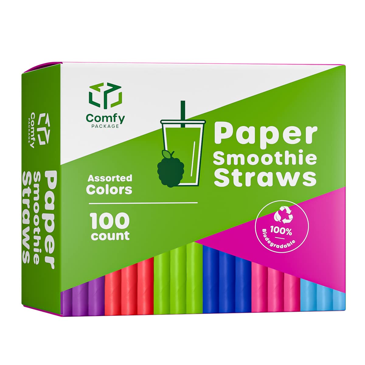 GUSTO [100 Count] Jumbo Paper Smoothie Straws - 100% Biodegradable, Assorted Colours, Eco-Friendly Paper Straws for Smoothies
