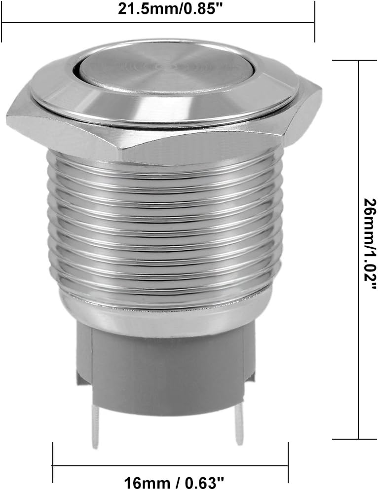 sourcing map Latching Metal Push Button Switch 16mm Mounting Dia 3A SPST 1NO 2 Terminals, Silver, Latching 16mm Flat - Image 4