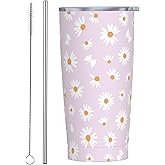 Kaireno Daisy Tumbler Floral Insulated Tumblers with Lid Straw Reusable Flowers Coffee Travel Mug Tea Wine Cups Birthday Gifts for Women 20 Oz