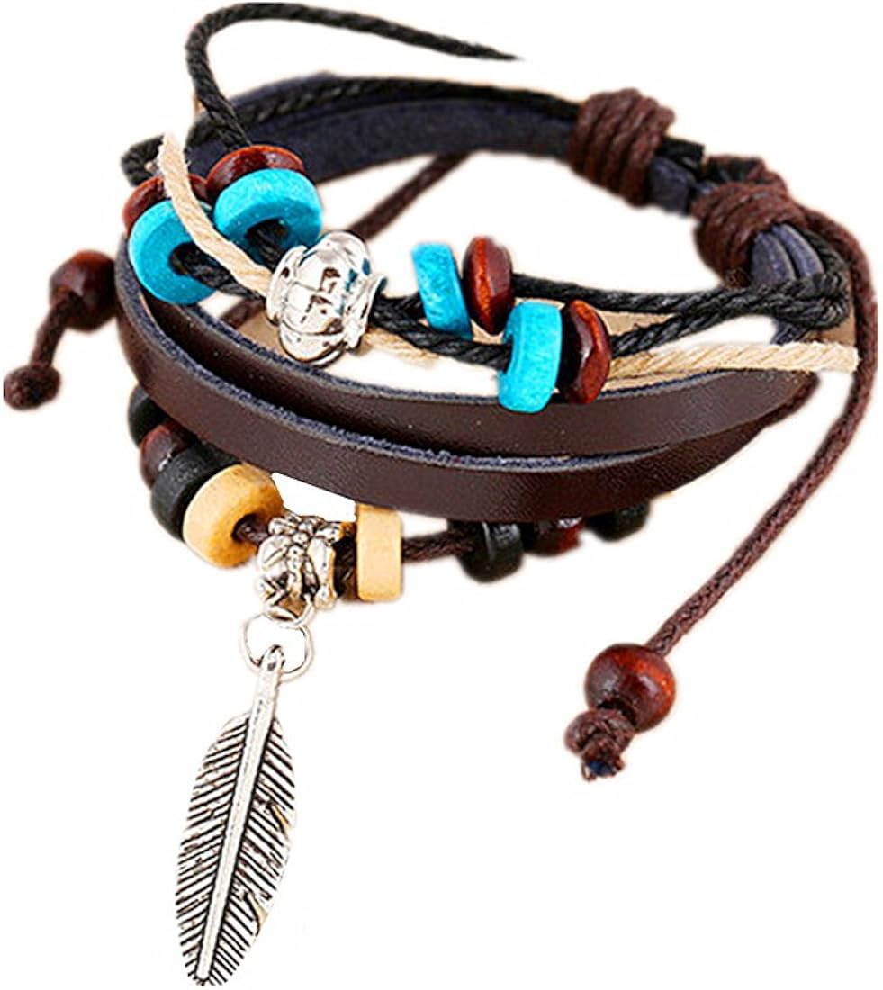 GENUINE LEATHER BRACELET Men's Leather Surfer Bracelet Leaves Technically Multilayer Wrap