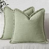 MIULEE Decorative Throw Pillow Covers Neutral Linen Fringe Throw Pillows Set of 2 Sage Green Boho Farmhouse Cushion Covers with Tassels for Couch Sofa Bed Living Room Spring Home Decor 20x20 Inch