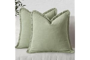 MIULEE Set of 2 Linen Throw Pillow Covers Decorative Boho Square with Tassels Farmhouse Cushion Covers Sage Green Accent Pill