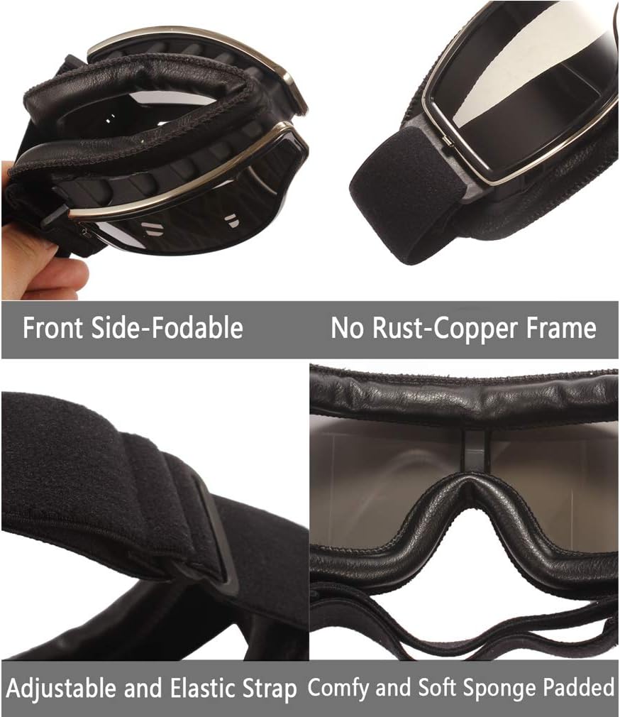 Ashilun Retro Pilot Motorcycle Goggles - Fog-proof Warm ATV Bike Motocross Glasses - Safety Goggles (Black Frame/Transparent Lens) - Image 4