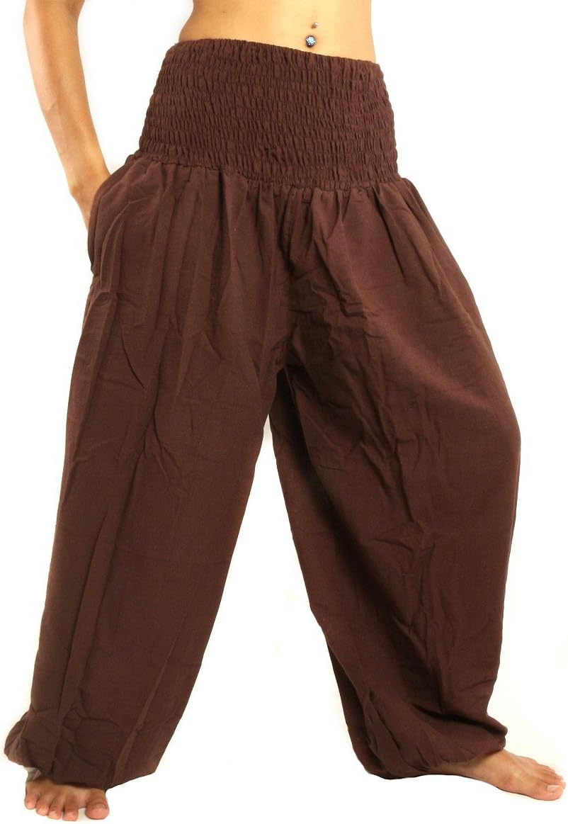 jing shop High Cut Harem Baggy Pants with Wide Legs and Smocked Wide Waist Cotton