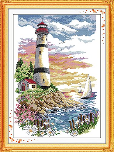 Cross Stitch Embroidery Starter Kit including 14 Count 12"x16" classic reserve Aida colored threads and tools The Lighthouse(No Frame) - Thumbnail 5