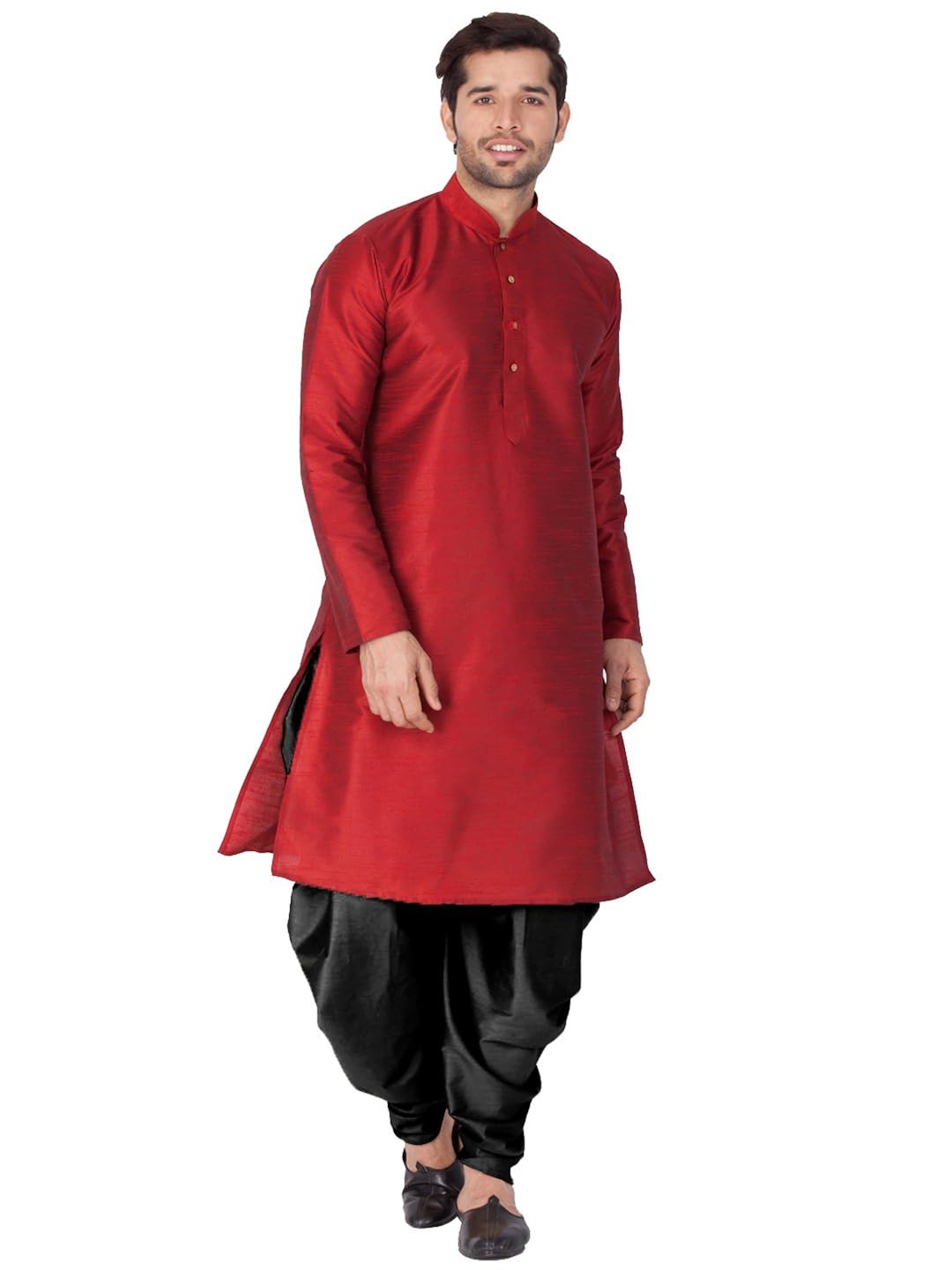 vastramay men cotton silk kurta and cowl dhoti pant set (maroon_vasmkma001ncdbl)