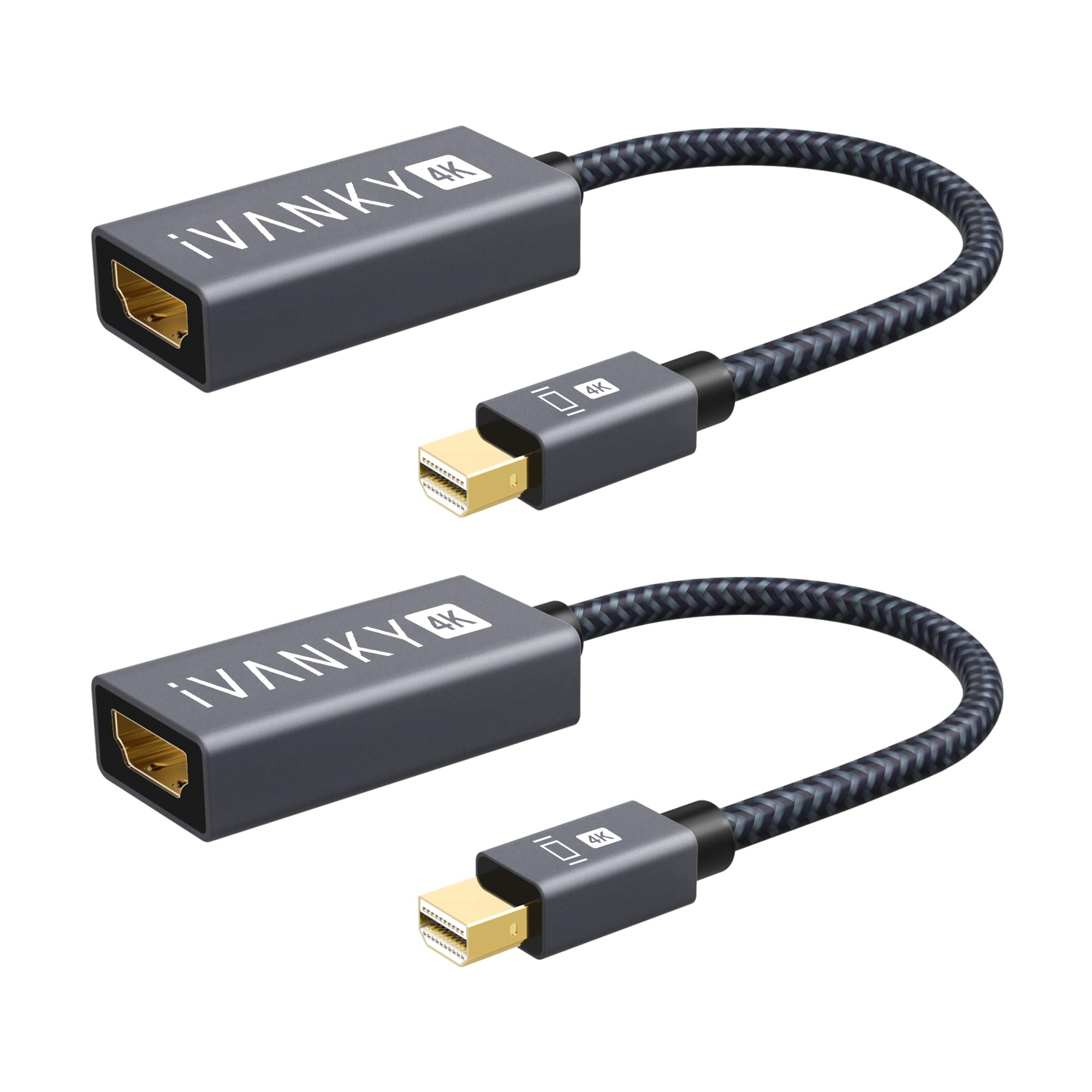 IVANKY 4K@30Hz Mini DisplayPort to HDMI Adapter, Mini DP to HDMI Adapter, Nylon Braided & Gold-Plated Connector, Compatible for MacBook Air, MacBook Pro(Before 2016), Surface Pro, etc - 20CM [2 Pack]