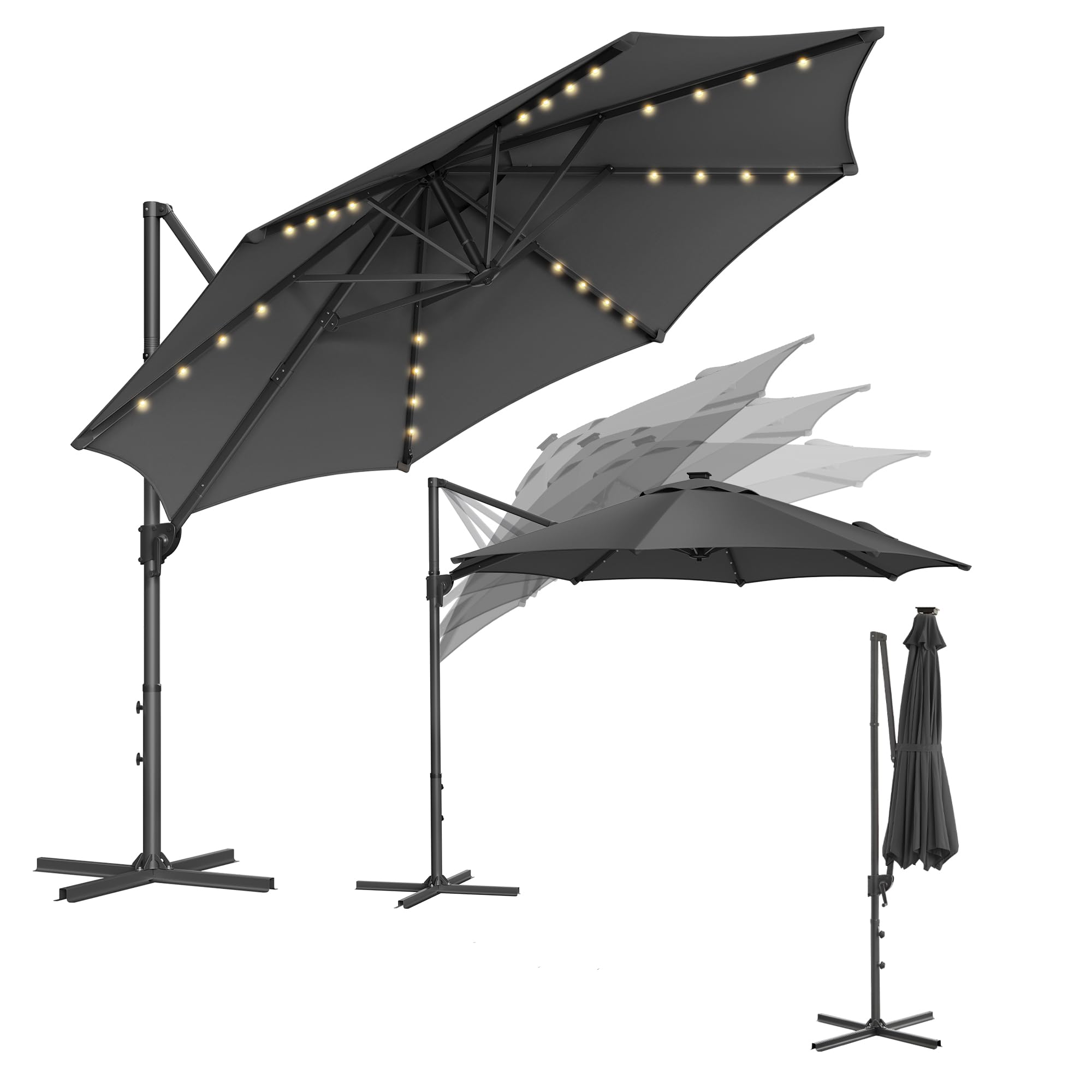 SONGMICS Sonnenschirm, Ampelschirm, 300 cm, 28 Solar-LED-Leuchten, UPF 50+, Gartenschirm, um 360° drehbar, Neigungswinkel stufenlos verstellbar, mit Kurbel, Kreuzfuß, grau GPU047G02