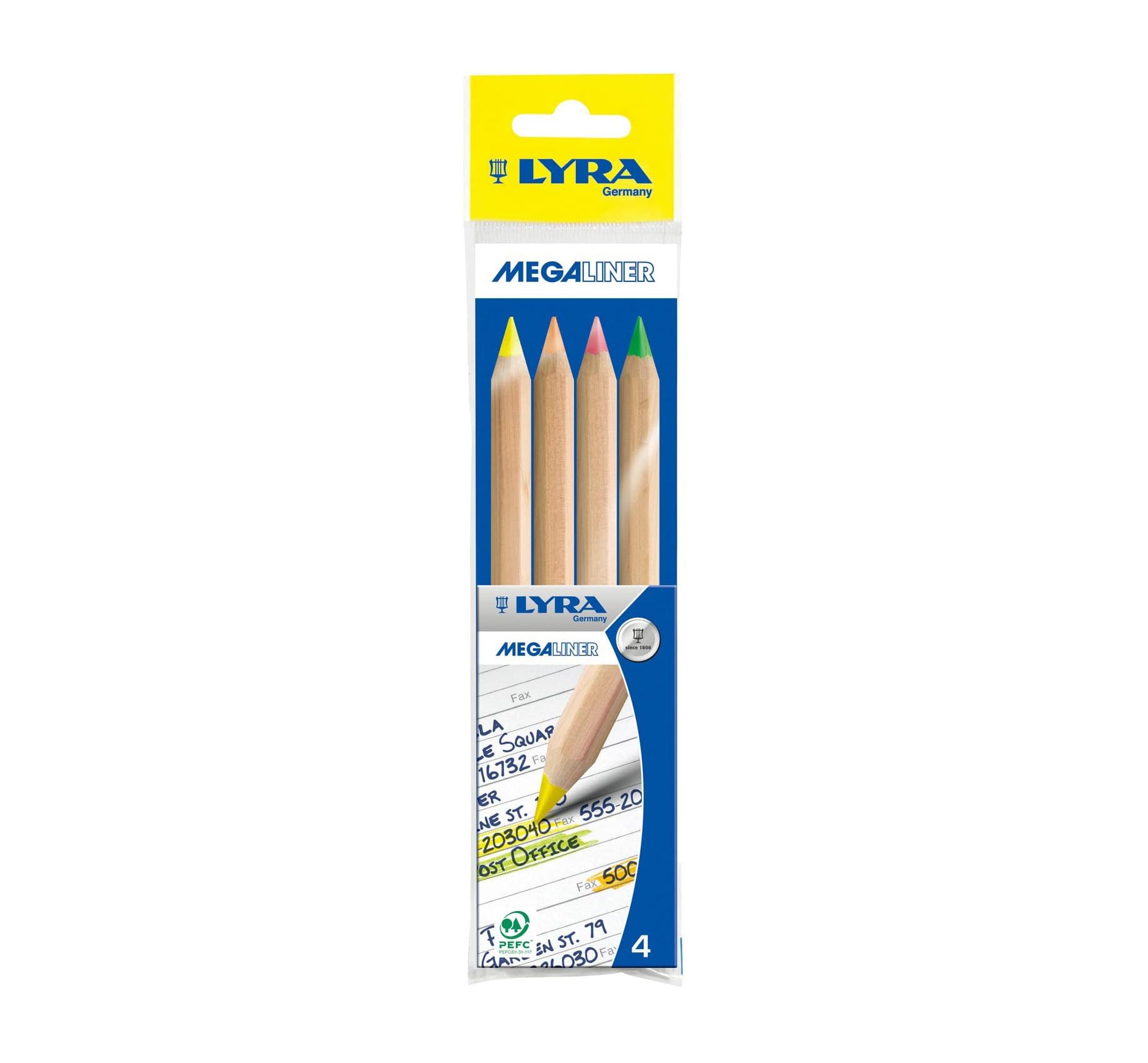 LYRA Megaliner Highlighter Pencils, Hexagonal, Thick, Natural, Plastic Bag, Assorted Colours