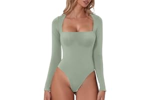 QINSEN Women's Sexy Square Neck Bodysuit Long Sleeve Double Lined Shirt Tops