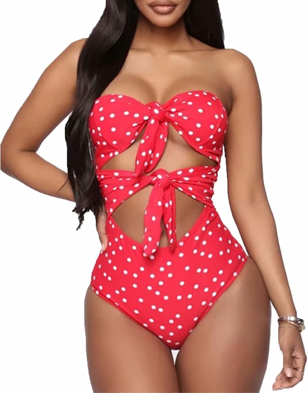 Women's Summer One Piece Swimsuit Strapless Tie Knot Front Retro