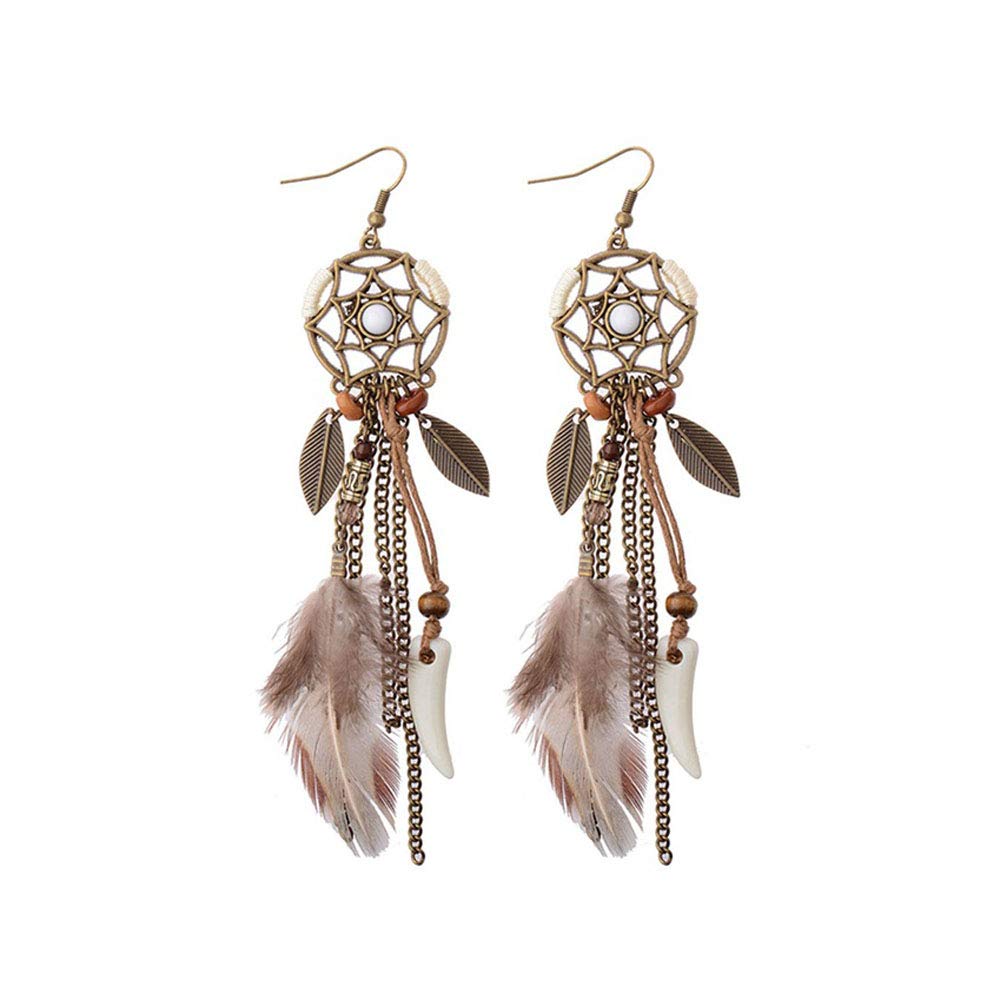 Dangle Earring, Retro Earring Feather Drop Earrings Round Cutout Rope Blade Pendant Brown Long Earrings Women Jewelry, Gift for Her