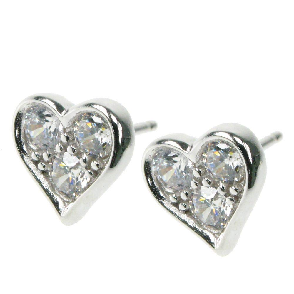 Heart Stud Earrings - 925 Sterling Silver with Crystal Cubic Zirconia - Gift Boxed