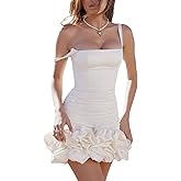 Juaugusep Women Spaghetti Strap Bodycon Dress Solid Color Pleated Ruffle Hem Dress for Cocktail Nightclub Beach